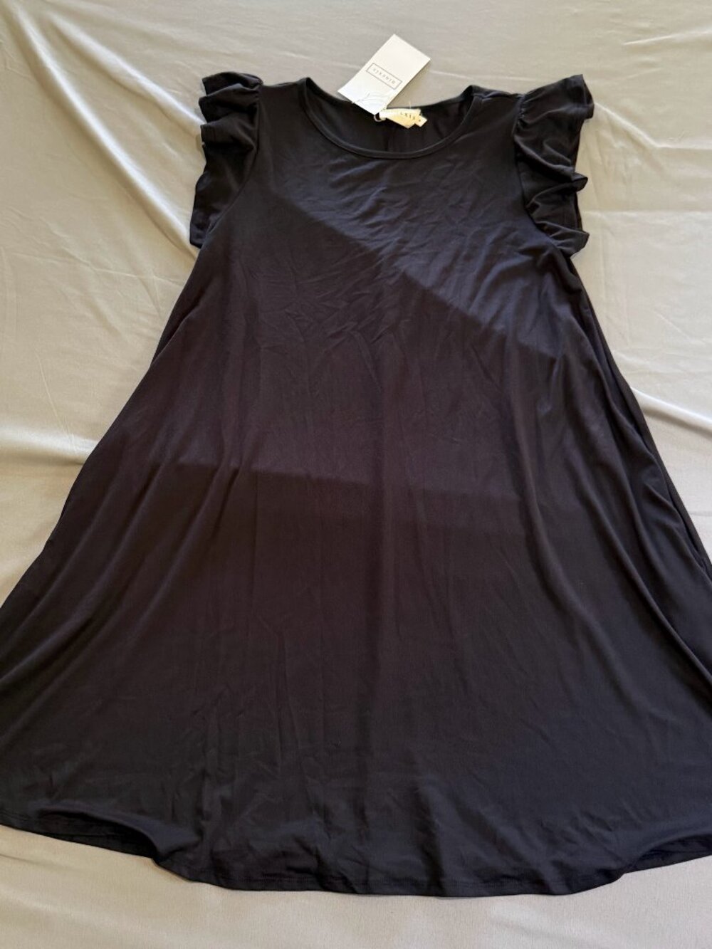 Nineixs Women's A-line Tee Shirt Dress W/Pockets Ruffle Sleeves Black Medium New